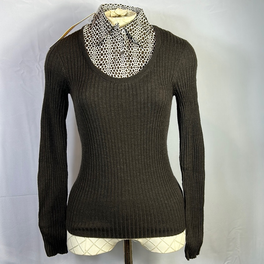 Tory Burch Wool Brown Sweater Silk Animal Print Dickie attached Size XS